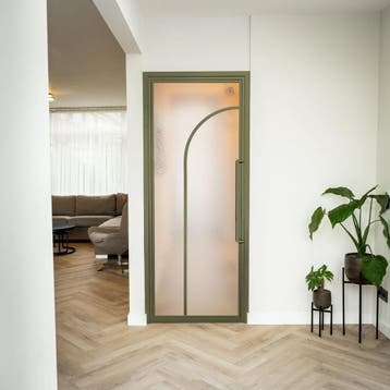 Stalen Binnendeur Olijfgroen 2 Vlaks rond Kathedraalglas, Minder dan 80 cm, Binnendeur, Nieuw, Metaal