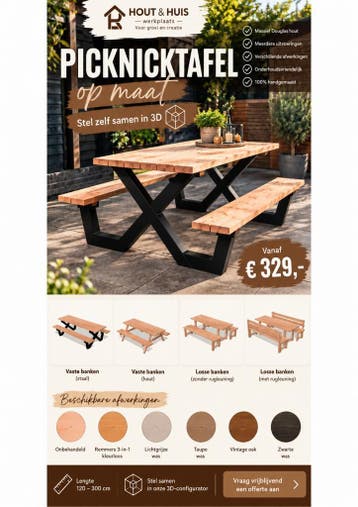 Douglas picknicktafel op maat | Stel zelf samen in 3D, Ophalen of Verzenden, Nieuw, Rechthoekig, Hout