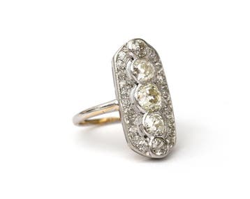 14 krt. Gouden, platina Art Deco prinsessen ring met diamant, Gebruikt