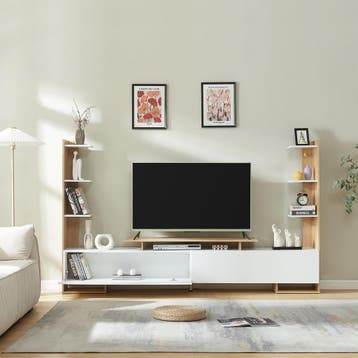 Tv-meubel Rauki met zijrekken wit en eikenkleurig 233x31x140, Verzenden, Nieuw