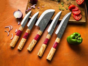 Keukenmes - Kitchen knife set - Handgemaakt Pakka-hout en, Antiek en Kunst
