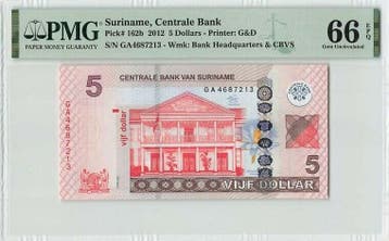2012 Suriname 5 Dollar Pick 162b Pmg Gem Unc 66 Epq, Verzenden