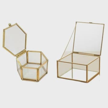 Zeshoekige Glazen Ringendoos - Transparant & Goudkleurig - V, Verzenden, Nieuw