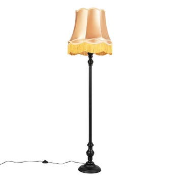 Vloerlamp zwart met Granny kap goud - Classico, Verzenden, Nieuw, Retro
