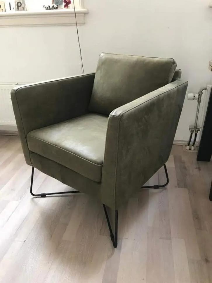 Fauteuil van leer met kruisframe - groen leer, Huis en Inrichting, Fauteuils, Nieuw, Leer, Ophalen of Verzenden
