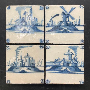 Tegel - Antieke Delfts blauwe tegels met kastelen en een