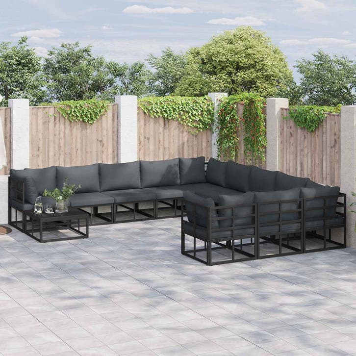 vidaXL Tuinbankenset met kussen 12 pcs Zwart Aluminium, Tuin en Terras, Tuinsets en Loungesets, Nieuw, 2 zitplaatsen, Aluminium