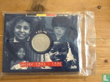 België 5 ecu 1996 (PROOF - folder) 50 years UNICEF, Postzegels en Munten, Verzenden, Losse munt, Goud