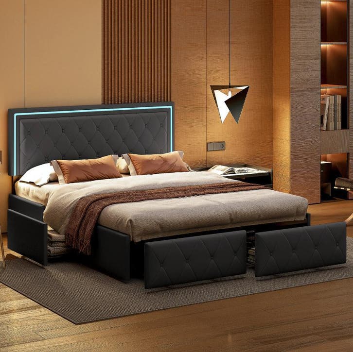 Opbergbed 160x200 cm met LED Hoofdbord,4 Lades en PU Bekledi, Huis en Inrichting, Slaapkamer | Bedden, Nieuw, Verzenden
