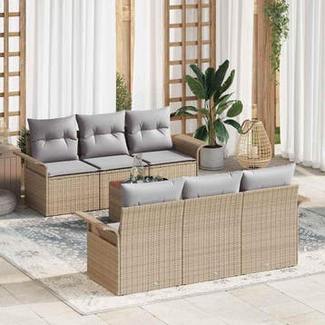 vidaXL Tuinbankenset 7 st 6-Aantal zitplaatsen Beige en, Verzenden, Nieuw, Rotan, 7 zitplaatsen