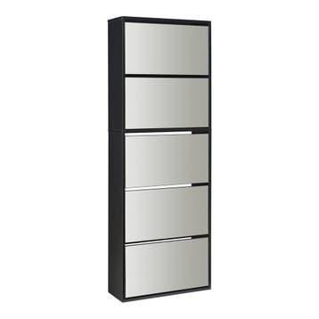 Schoenenkast Lund met 5 kleppen spiegeldeuren zwart 169x60x2, Verzenden, Nieuw