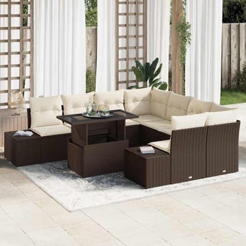 vidaXL Tuin Sofa Set 9 st Bruin en Crème poly rattan, Verzenden, Nieuw, Meer dan 8 zitplaatsen