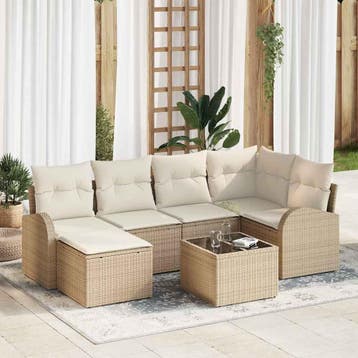 vidaXL Bankstel 7 st Beige en Wit poly rattan, Verzenden, Nieuw, 7 zitplaatsen