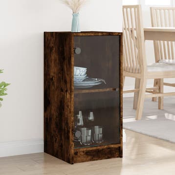 vidaXL Bijzetkast met glazen deuren 35x37x75,5 cm gerookt, Minder dan 50 cm, Verzenden, Nieuw, Minder dan 100 cm
