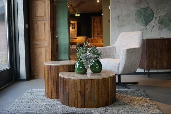 Marmer, travertijn en hout salontafel sets | Japandi design, Huis en Inrichting, Tafels | Salontafels, Nieuw, Overige houtsoorten