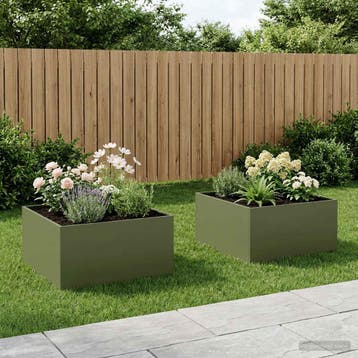 vidaXL Plantenbak 2 st Olijfgroen 80 x 80 x 40 cm, Verzenden, Nieuw, Metaal, 60 tot 100 cm