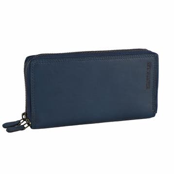 HillBurry Dames Portemonnee met Dubbele Rits - Leer - Blauw, Overige merken, Nieuw, Leer, Verzenden