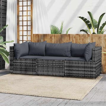vidaXL 3-delige Loungeset met kussens poly rattan grijs, Verzenden, Nieuw, Loungeset