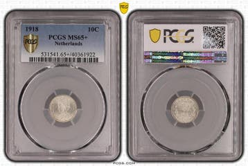 Koningin Wilhelmina 10 cent 1918 MS65+ PCGS gecertificeerd, Verzenden, Zilver, 10 cent, Koningin Wilhelmina