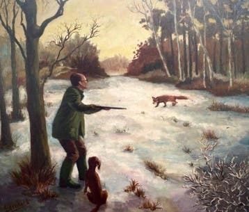 Gesigneerd Bernhard (XX - Winterlandschap Jager met hond