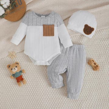 Baby Jongen Set: Longsleeve Bodysuit, Broekje & Muts - Kleur, Verzenden, Nieuw