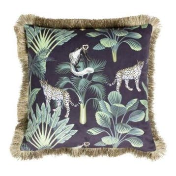 kussen fluweel jungle panter zwart gouden franjes 45x45cm*, Verzenden, Nieuw
