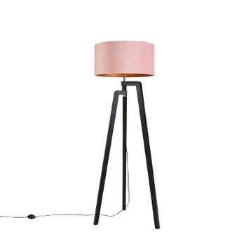 Vloerlamp tripod zwart met roze kap en goud 50 cm - Puros, Huis en Inrichting, Verzenden, Nieuw, Hout, Modern