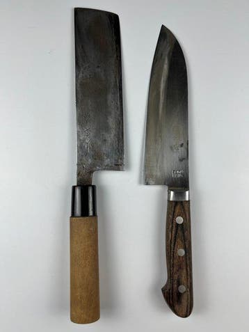 Traditional Japanese Nakiri & Kikuichi Santoku knives; by