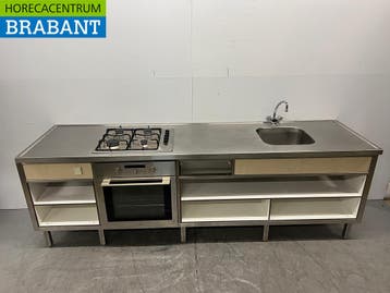 RVS Werktafel met 4 Pits Fornuis, Oven en spoelbak met kraan, Ophalen of Verzenden, Gebruikt