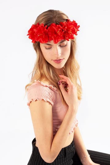 KIMU® Bloemenkrans Haar Hibiscus Rood Hawaii Rode Bloemen Ha, Ophalen of Verzenden, Nieuw, Carnaval, Accessoires