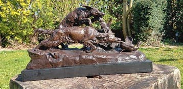 sculptuur, eendenjacht met jachthonden - 22 cm - brons