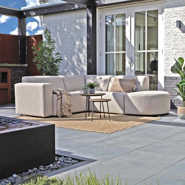 *WOONWINKEL* Tuin Hoekbank All-weather Stof Met Ronde Hocker, Tuin en Terras, Tuinsets en Loungesets, Nieuw, Verzenden