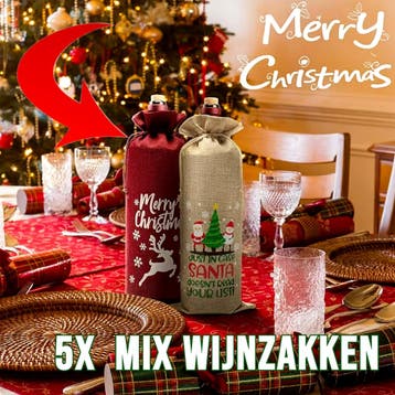 5 Stuks Kerst Wijnfles Zakjes 34x14 cm Wijnverpakking, Verzenden, Nieuw