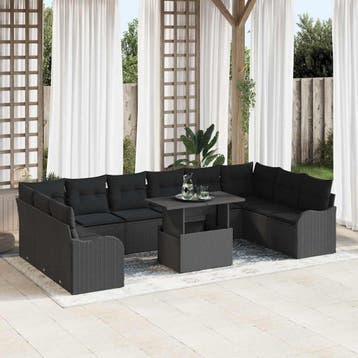 vidaXL Tuin Sofa Set met kussen met kussen 11 pcs Zwart Poly, Verzenden, Nieuw, Rotan, Meer dan 8 zitplaatsen