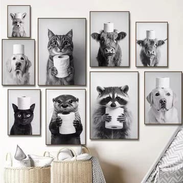 Grappige Dieren Toilet Poster – Humor Canvas Badkamer, Verzenden, Nieuw