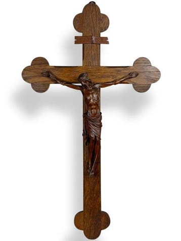 Crucifix - Pear, Eik - 1850-1900 - Monumentale - 70x40 cm, Antiek en Kunst