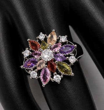 925 Sterling Zilveren Franse Multicolor Bloemenring:, Nieuw