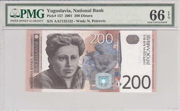 2001 Yugoslavia 200 Dinara Pick 157 Pmg Gem Unc 66 Epq, Verzenden