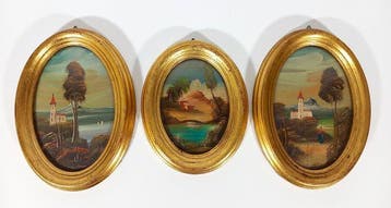 Italian artist - Three Landscapes 1960 - golden oval frame