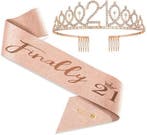 Finally 21 set rosé goud met diadeem, sjerp en ballonslinger, Verzenden, Nieuw, Feestartikel, Verjaardag