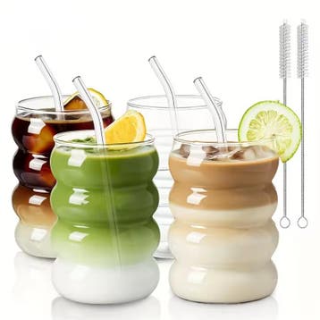 Set van 2 Geribbelde Glazen 350 ml met Rietje – Drinkglazen, Verzenden, Nieuw