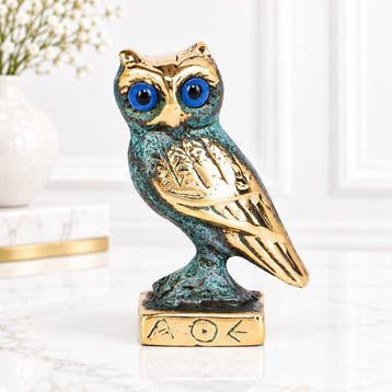 sculptuur, Ancient Greek Owl Bronze Statue on Podium –