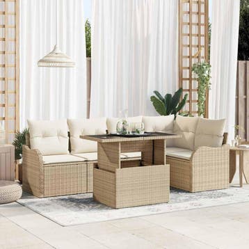 vidaXL Eetkamerset 6 st Beige Poly riet, Verzenden, Nieuw, Rotan, 6 zitplaatsen