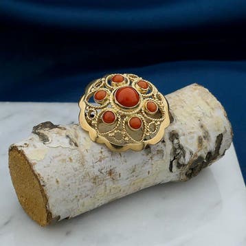 Vintage gouden entourage broche met bloedkoraal, Gebruikt, Overige kleuren, Ophalen of Verzenden, Met edelsteen