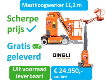 Verticale masthoogwerker, 11.2M werkhoogte, 345° rotatie bak, Zakelijke goederen, Machines en Bouw | Liften, Steigers en Ladders