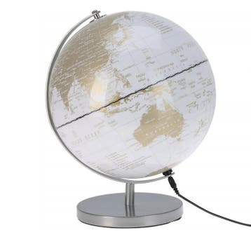 Globe Wereldbol 31 cm op zilveren ijzeren voet - warm wit..., Verzenden, Nieuw