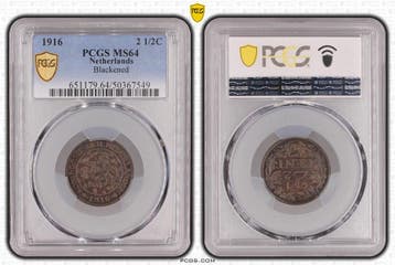 Koningin Wilhelmina 2 1/2 cent 1916 MS64 Blackened PCGS, Verzenden, Koningin Wilhelmina, Losse munt