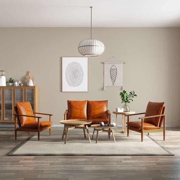 vidaXL 3-delig Bankstel echt leer met massief acaciahout, Huis en Inrichting, Verzenden, Nieuw, Leer, Minder dan 150 cm