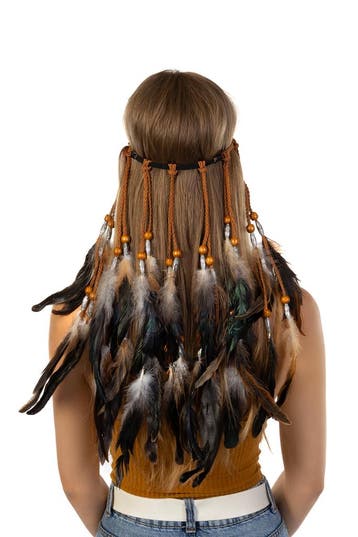 KIMU® Hoofdband Veren Zwart Wit Bruin Ibiza Hippie Indiaan H, Ophalen of Verzenden, Nieuw, Carnaval, Accessoires