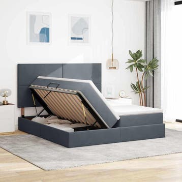 vidaXL Opslag bed met hoofdeinde Donkergrijs 200 x 200 cm, Verzenden, Nieuw, Grijs, Stof